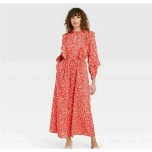 Who What Wear Red and Cream Long Sleeve Dress